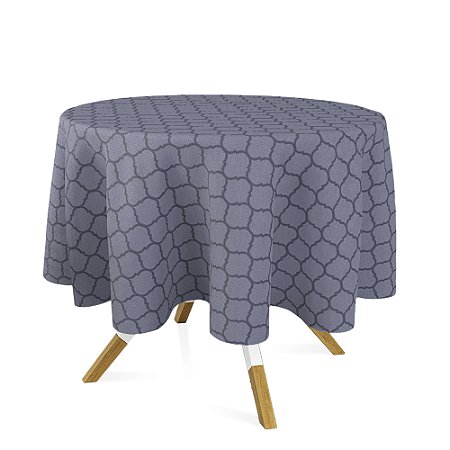 Toalha de Mesa Redonda em Tecido Jacquard Preto Acinzentado e Prata Geométrico Tradicional