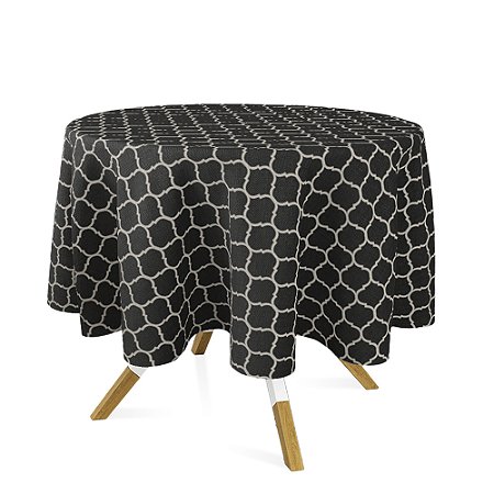Toalha de Mesa Redonda em Tecido Jacquard Preto e Crú Geométrico Tradicional