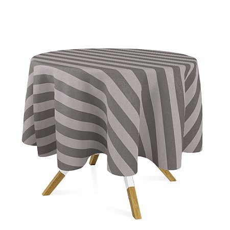 Toalha de Mesa Redonda em Tecido Jacquard Cinza e Crú Listrado Tradicional