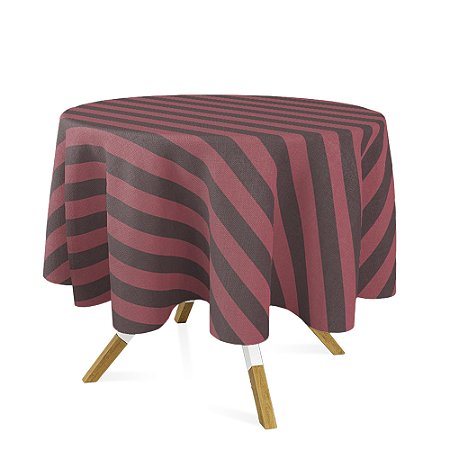 Toalha de Mesa Redonda em Tecido Jacquard Marrom e Vermelho Listrado Tradicional