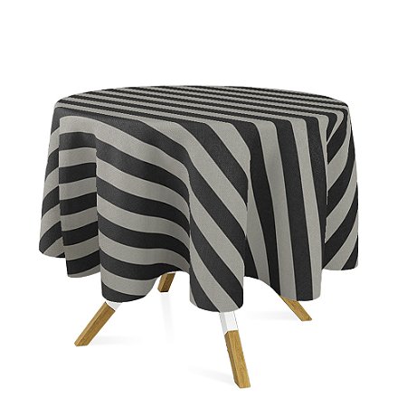 Toalha de Mesa Redonda em Tecido Jacquard Preto e Cru Listrado Tradicional