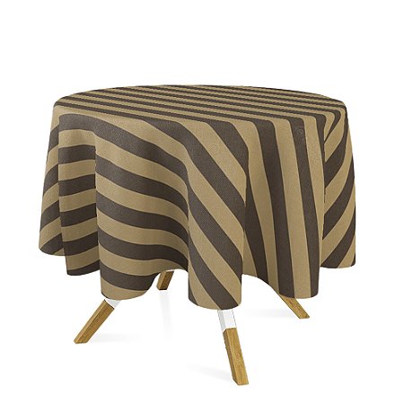 Toalha de Mesa Redonda em Tecido Jacquard Preto e Dourado Listrado Tradicional