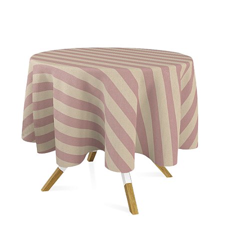 Toalha de Mesa Redonda em Tecido Jacquard Rosa Envelhecido e Dourado Listrado Tradicional