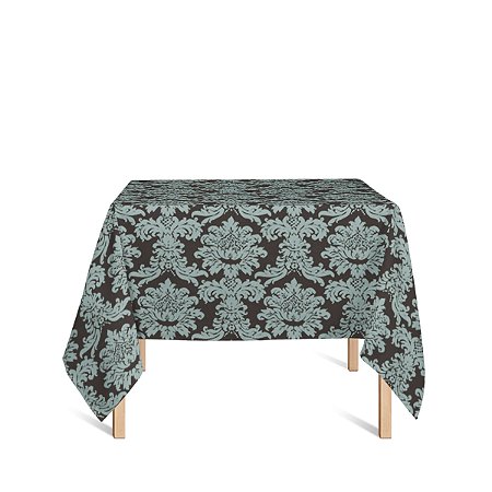 Toalha de Mesa Quadrada em Tecido Jacquard Marrom e Turquesa Medalhão Tradicional