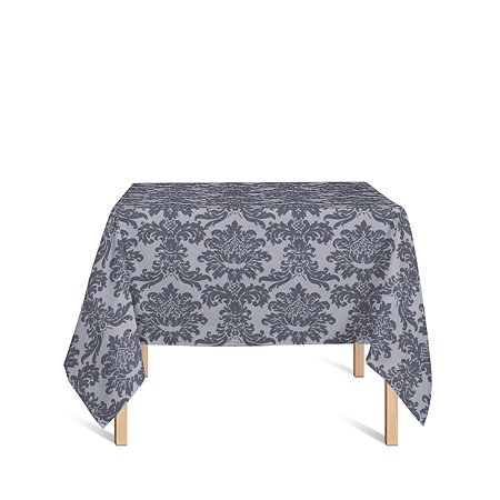 Toalha de Mesa Quadrada em Tecido Jacquard Preto Acinzentado e Prata Medalhão Tradicional