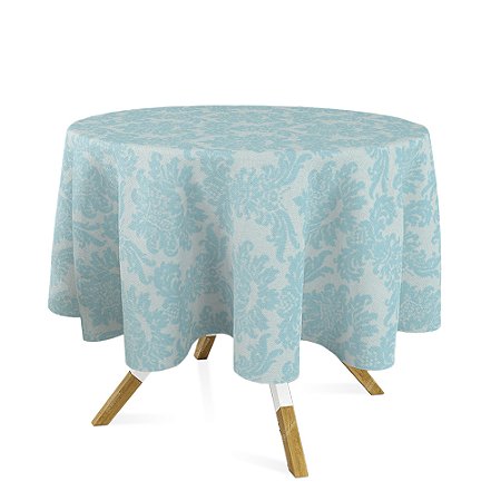 Toalha de Mesa Redonda em Tecido Jacquard Azul e Prata Frozen Medalhão Tradicional