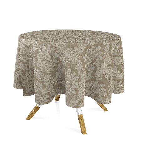 Toalha de Mesa Redonda em Tecido Jacquard Bege Escuro (Fendi) Medalhão Tradicional