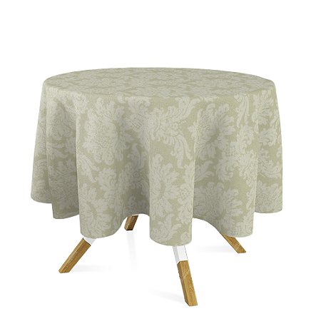 Toalha de Mesa Redonda em Tecido Jacquard Bege Medalhão Tradicional