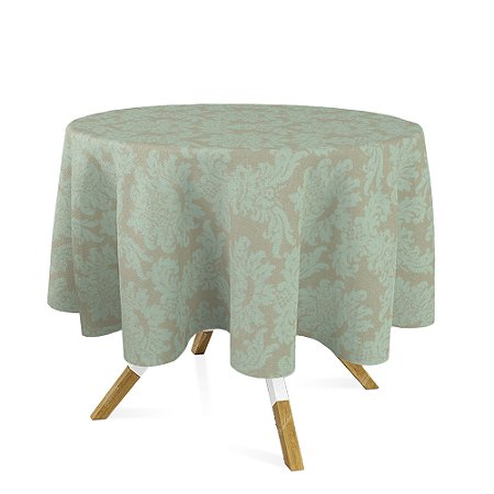 Toalha de Mesa Redonda em Tecido Jacquard Dourado e Turquesa Medalhão Tradicional
