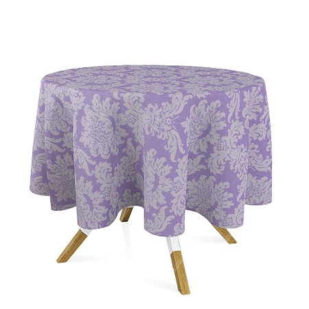 Toalha de Mesa Redonda em Tecido Jacquard Lilás e Cru Medalhão Tradicional