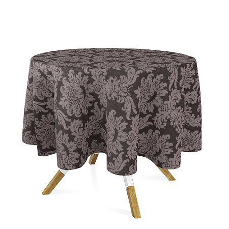 Toalha de Mesa Redonda em Tecido Jacquard Marrom Medalhão Tradicional