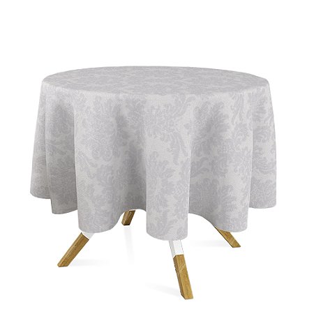 Toalha de Mesa Redonda em Tecido Jacquard Off-White Medalhão Tradicional