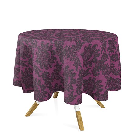 Toalha de Mesa Redonda em Tecido Jacquard Pink e Preto Medalhão Tradicional
