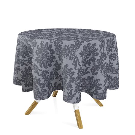 Toalha de Mesa Redonda em Tecido Jacquard Preto Acinzentado e Prata Medalhão Tradicional