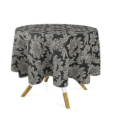 Toalha de Mesa Redonda em Tecido Jacquard Preto e Cru Medalhão Tradicional