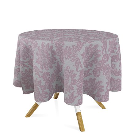 Toalha de Mesa Redonda em Tecido Jacquard Rosa Bebê e Prata Medalhão Tradicional