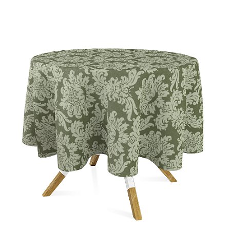 Toalha de Mesa Redonda em Tecido Jacquard Verde Pistache Medalhão Tradicional