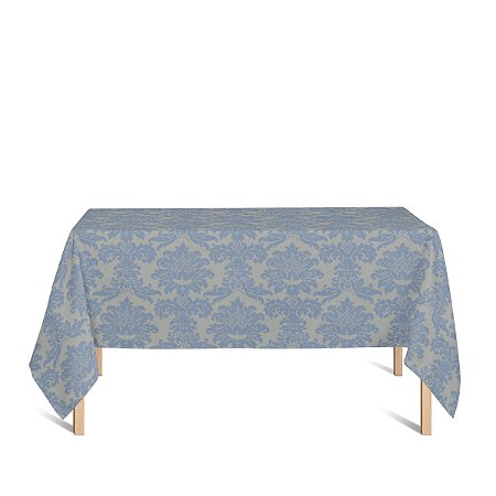Toalha de Mesa Retangular em Tecido Jacquard Azul e Dourado Medalhão Tradicional