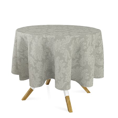 Toalha de Mesa Redonda em Tecido Jacquard 100% Poliéster Medalhão Bege Marfim