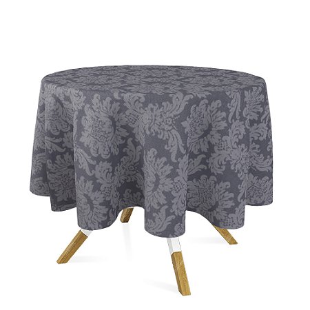 Toalha de Mesa Redonda em Tecido Jacquard 100% Poliéster Medalhão Cinza Chumbo