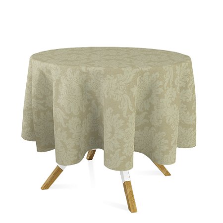 Toalha de Mesa Redonda em Tecido Jacquard 100% Poliéster Medalhão Pérola