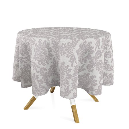 Toalha de Mesa Redonda em Tecido Jacquard 100% Poliéster Medalhão Prata