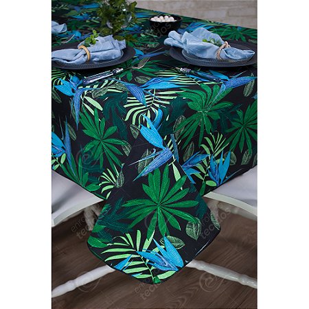 Toalha de Mesa Retangular em Tecido Impermeável Acqua Linea Art Flower Azul
