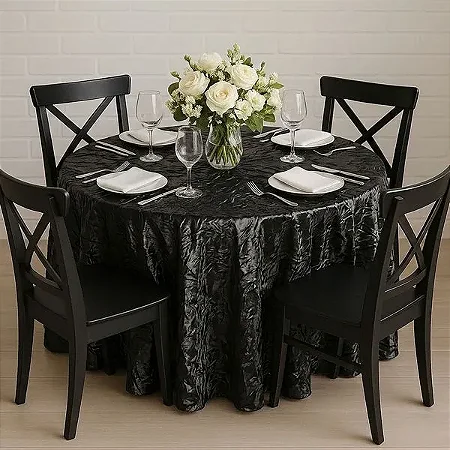 Toalha de Mesa Redonda para Buffet em Cetim Amassado Preto