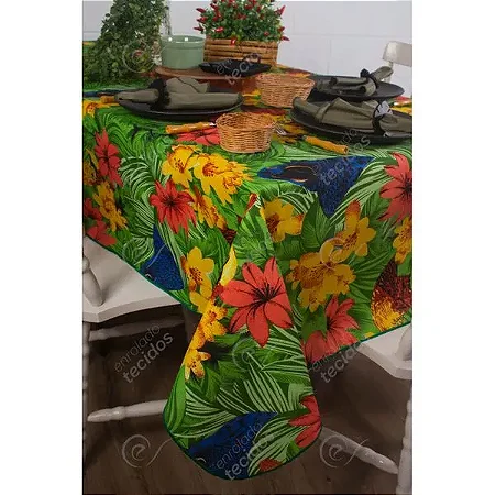 Toalha de Mesa em Gorgurinho Floral Arara Azul