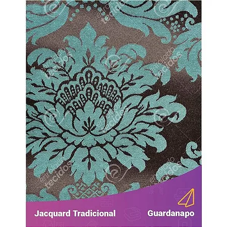 Guardanapo em Tecido Jacquard Marrom e Turquesa Medalhão Tradicional