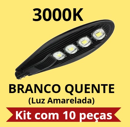 Kit 10 Luminárias Pública Cob Super LED 200w - 3000k - Branco Quente  - Para Poste