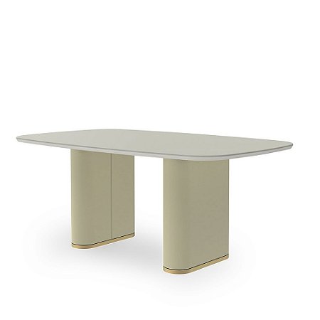 Mesa Lintz De Jantar 2,19x1,10 Tampo de Vidro Off-White Detalhe Champanhe