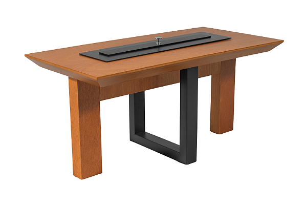 Mesa Lareira Ecológica a Álcool em Madeira Pinhão e Metal Preto