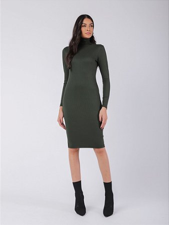 Vestido Midi Canelado Manga Longa Tubinho Outono Inverno Brinco
