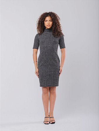 Vestido Plus Size Tubinho Midi Gola Alta Boneca Brigitte Tweed