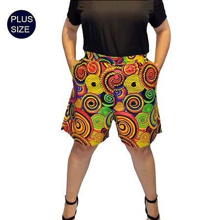 Shorts Curto Plus Size em Tecido Africano 100% Algodão Estampado Espiral