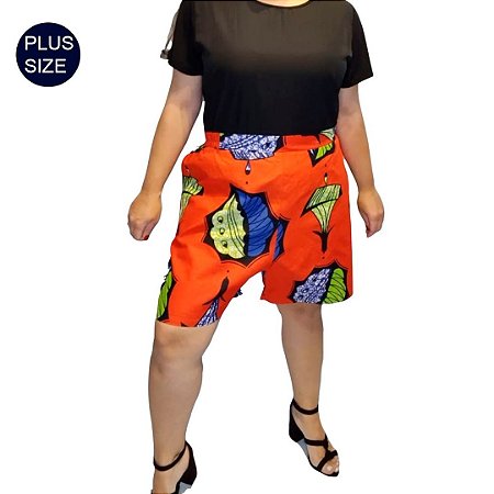 Shorts Tecido 100%  Algodão Plus Size Estampado Folhagem Africano