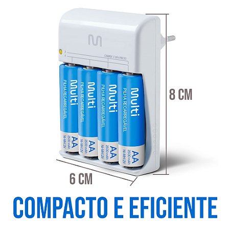 CARREGADOR DE PILHAS MULTILASER COM 4 PILHAS AA 2500mAh