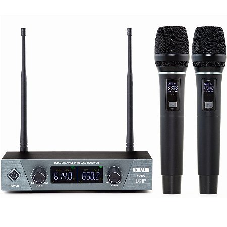 MICROFONE SEM FIO DUPLO DE MÃO VOKAL VS802M RECARREGAVEL PROFISSIONAL