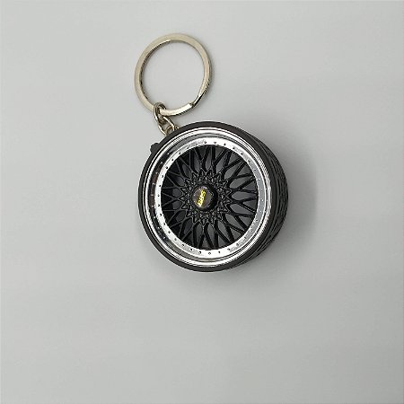 Chaveiro de Roda Miniatura BBS Preta com Pneu de Borracha