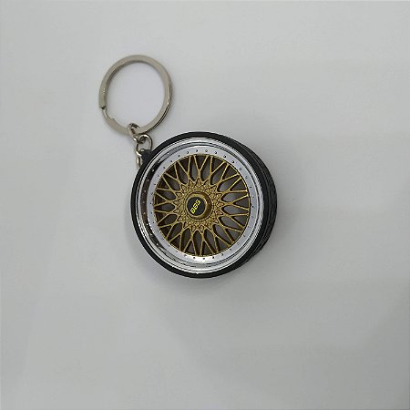 Chaveiro de Roda Miniatura BBS Dourada com Pneu de Borracha