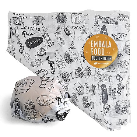 Embala Food | Papel Plástico Acoplado Anti-Gordura para Hambúrguer, Lanche e Baguete