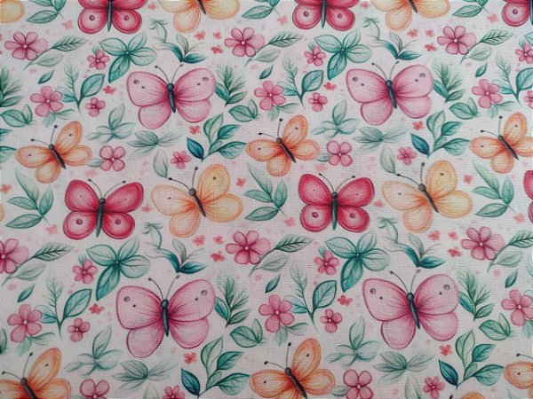 Tecido Tricoline DIGITAL Borboletas fundo branco 0,50cm x 1,50 cm