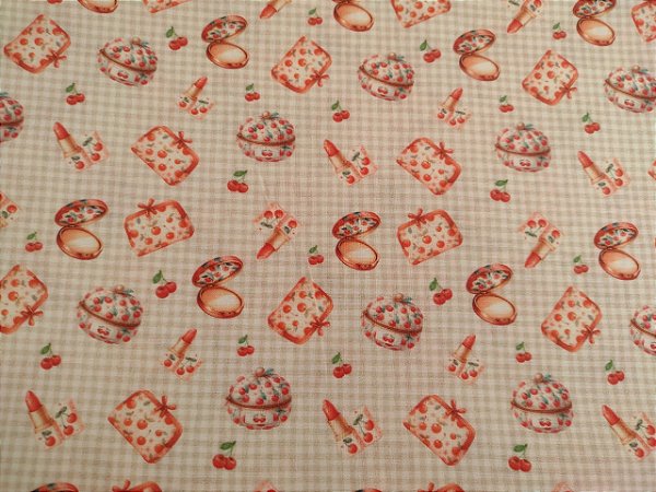 Tecido Tricoline DIGITAL Maquiagem Cereja 0,50cm x 1,50 cm