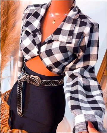 Conjunto Bl.xadrez + Saia couro eco