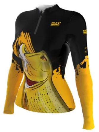 CAMISETA DE PESCA MAR NEGRO FEMININO DOURADO P