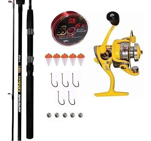 KIT PESCA MOLINETE JOKER AMARELO + VARA ALBATROZ KARA 1,50M + LINHA MARURI SUPER STRONG SS 100M 1.5 20MM + 15 ITENS + BRINDE