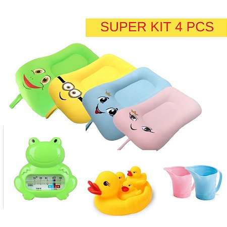 SUPER KIT de banho bebê 4 PCS ( Almofada + enxágue + termômetro + Patinhos)