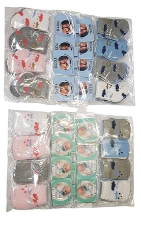 Kit Meia + Kit Luva Bebê de Nuvens - 24 peças (4 pacotes com 3 pares de meia e 4 pacotes com 3 pares de luva)