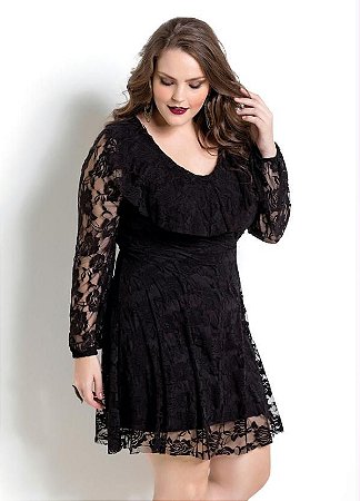 vestido de renda preto curto plus size